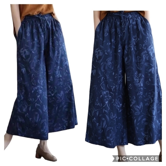 Floral Wide Leg Pants - Blue - Picture 1 of 9